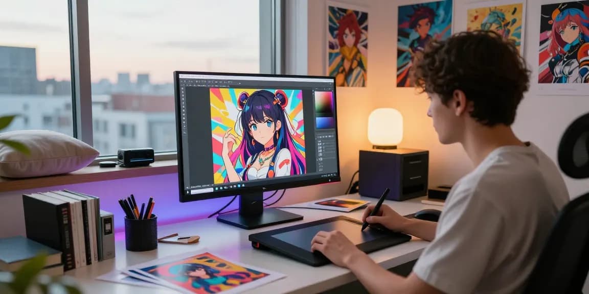 Creating ecchi AI art in a vibrant digital studio with artist at work.