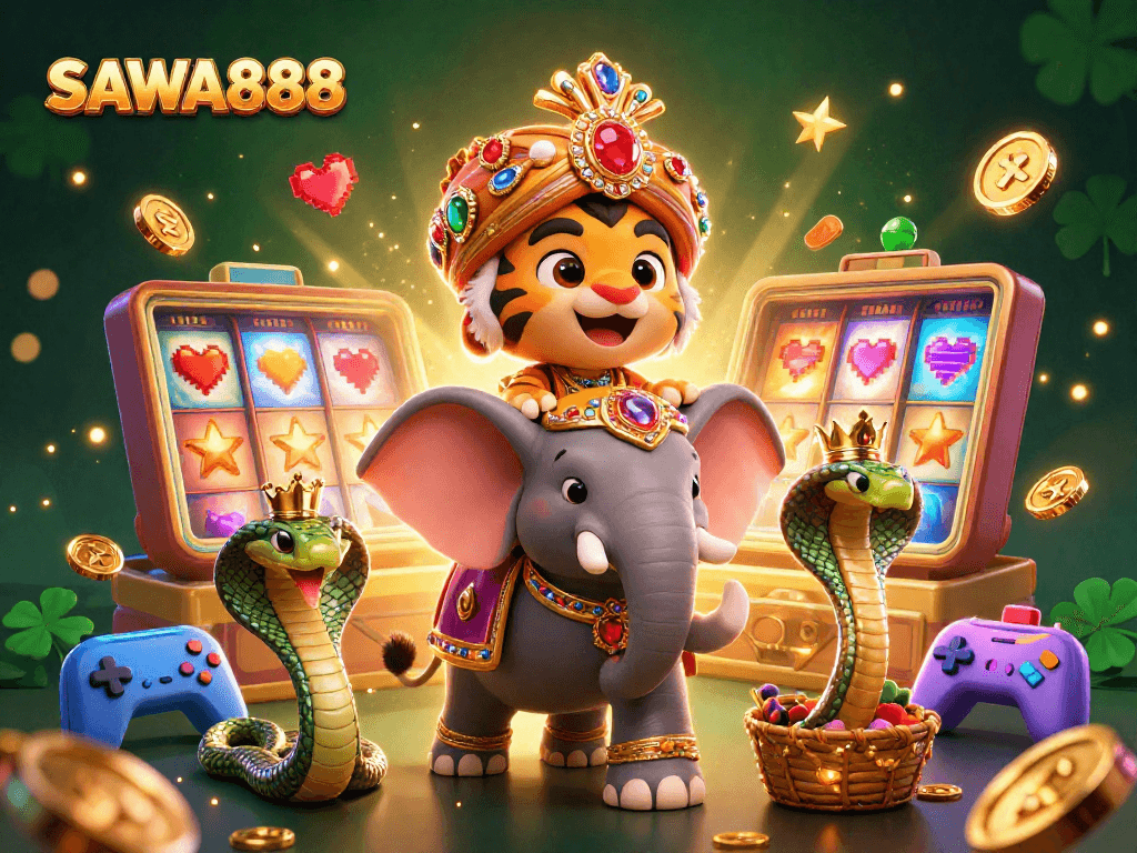 SAWA888's exciting gaming scene features a maharaja tiger and an elephant amidst colorful slot machines.