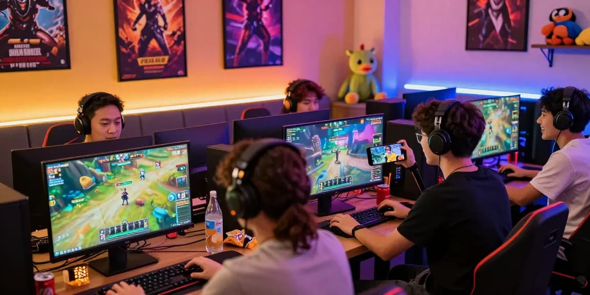 Engaging players in a vibrant gaming lounge playing html porn games with lively decor and dynamic interactions.
