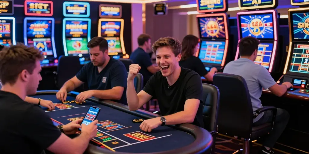 Engaged players celebrating wins at SIN88 online casino with vibrant atmosphere showcasing sports betting.