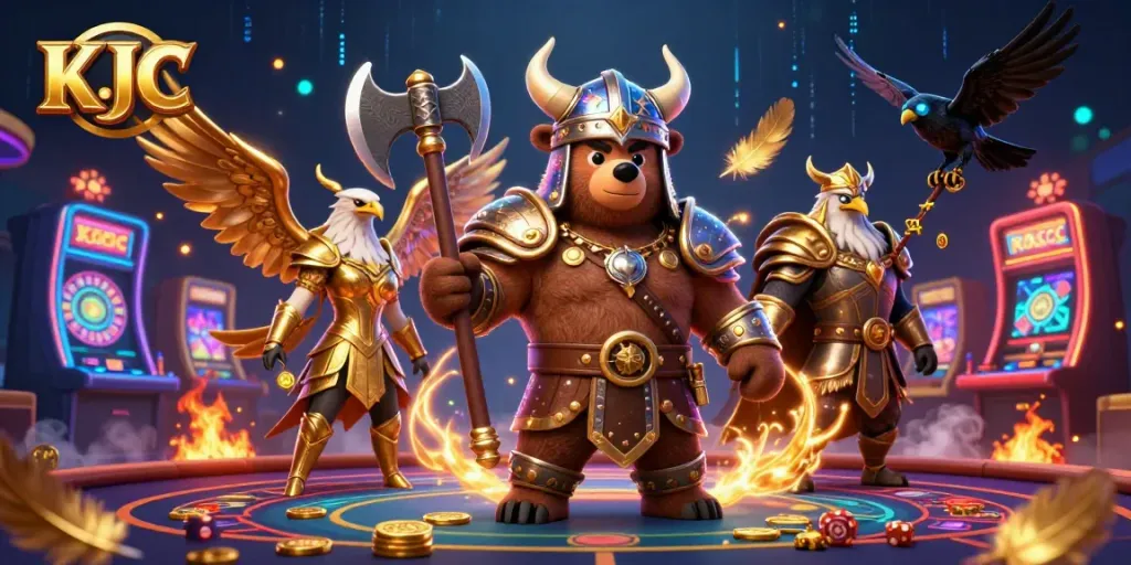 KJC attracts players to vibrant casino scenes with a vivid Viking bear and eagle.