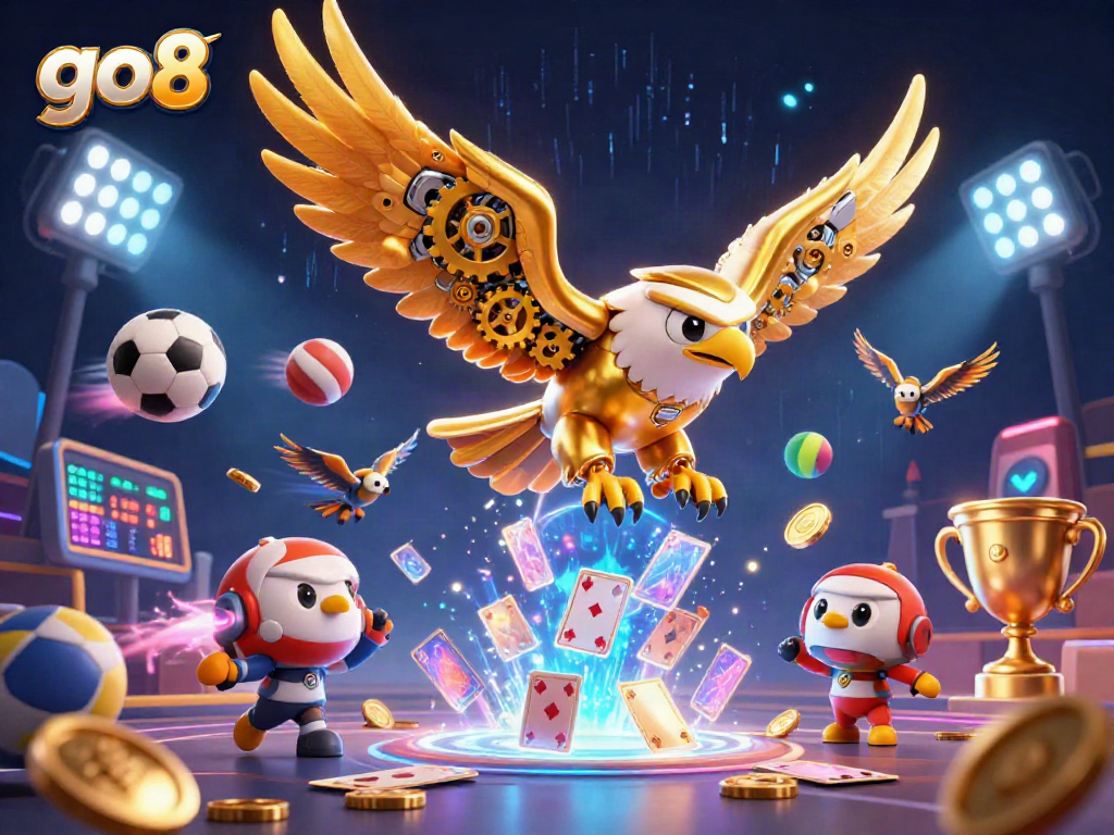 Experience the thrill of go8 casino action with cybernetic eagle soaring over dynamic sports elements and holographic cards.