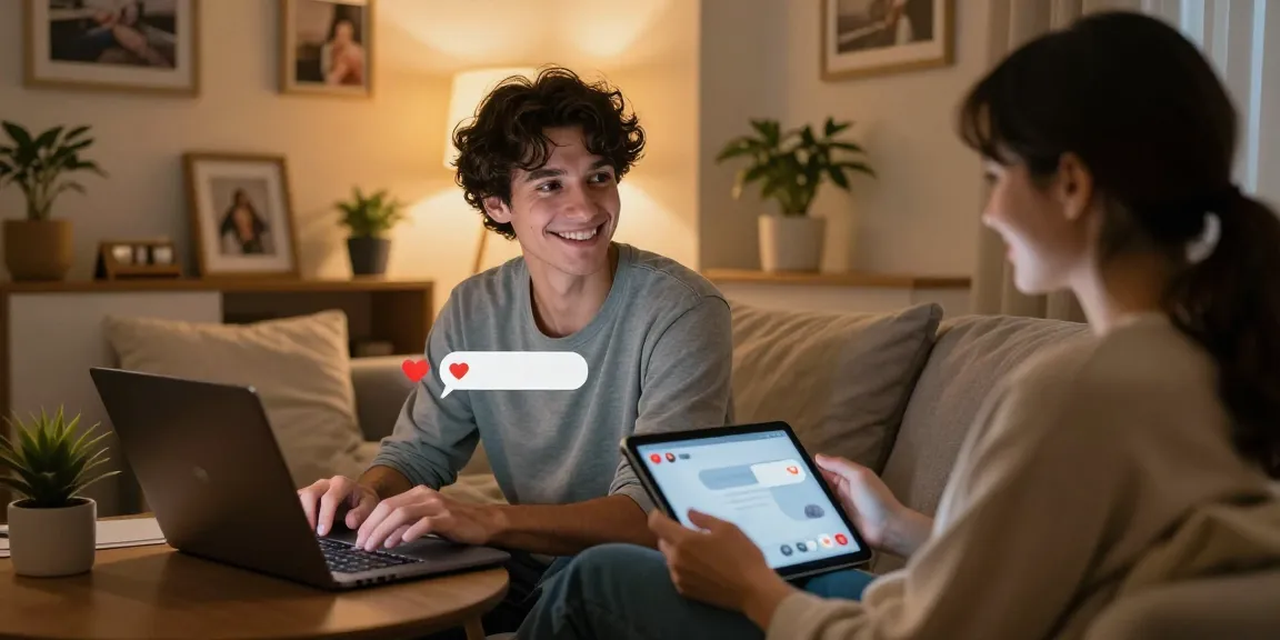 Couple engaging in a sex chat AI interaction, showcasing cozy environments and technology.