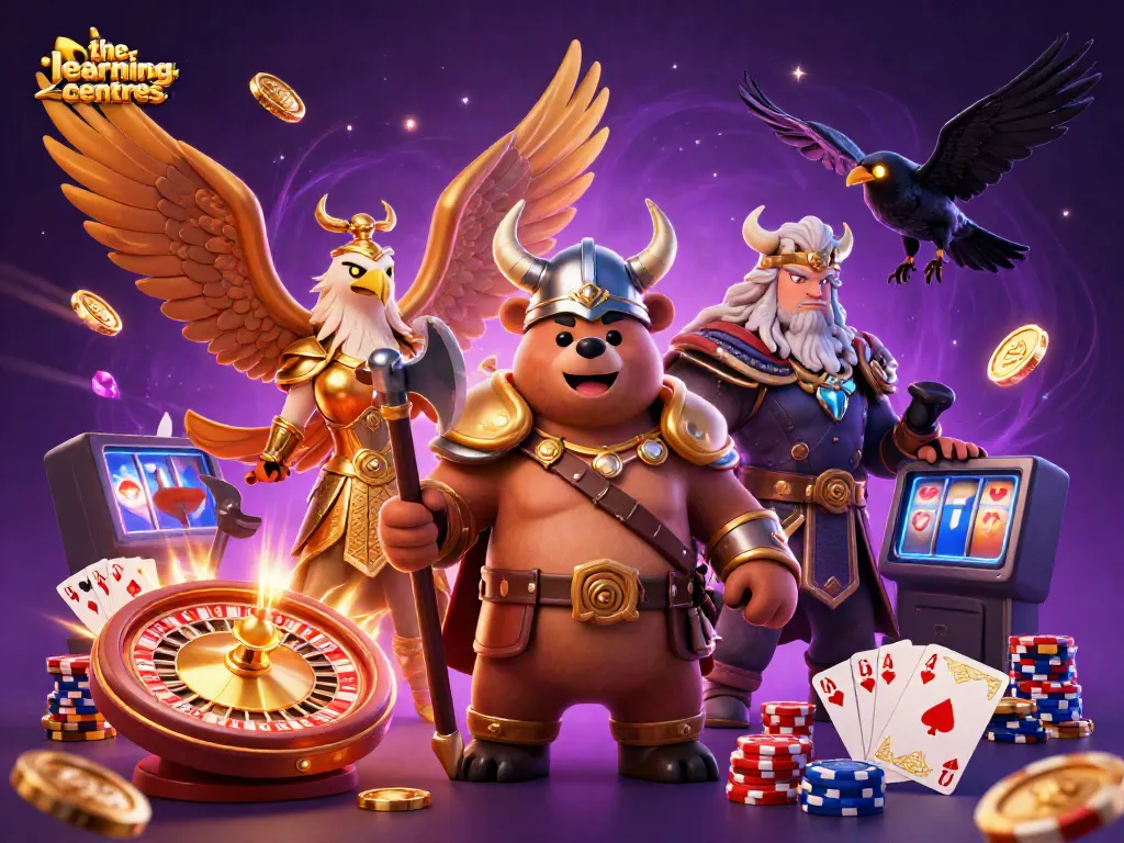 The-learning-centres promotes thrilling wins with a Viking bear and Valkyrie eagle in an energetic casino setting.