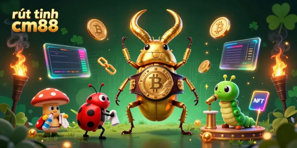 Engage with the dynamic rút tiền cm88 scene featuring a golden stag beetle champion and cryptocurrency elements.