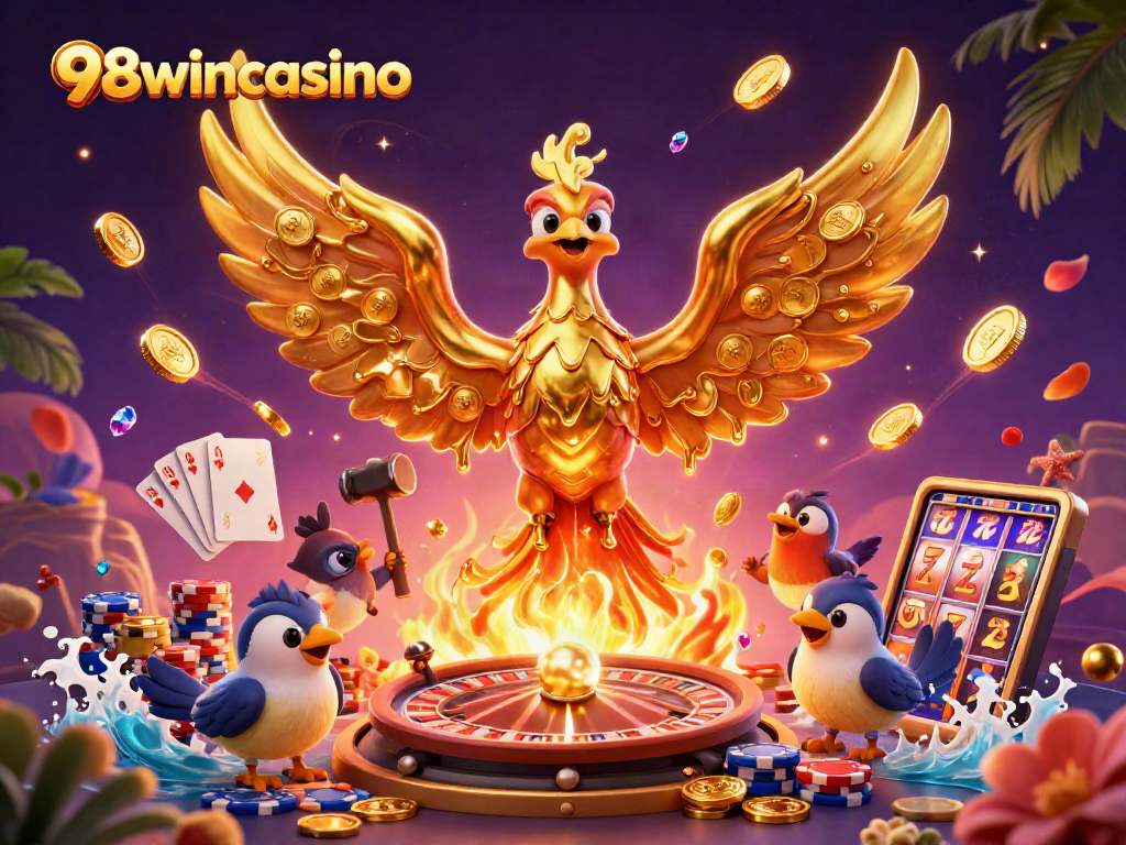 Engage with 98wincasino's exciting 3D phoenix illustration showcasing golden jackpots and casino elements.