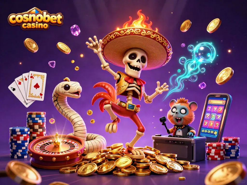 Experience the thrill of cosmobet casino with a festive 3D illustration of characters celebrating wins.