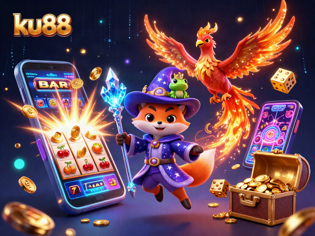 ku88 slot machine explodes with coins and lucky symbols in a vibrant casino scene
