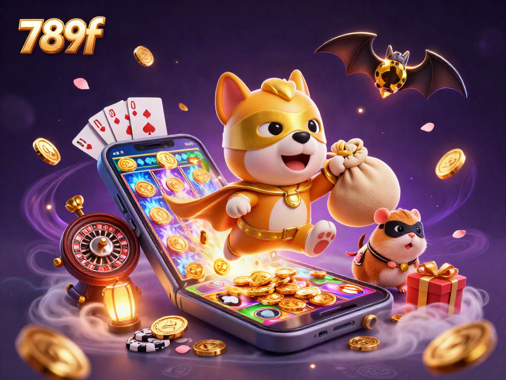 Join the adventure with 789f's superhero dog serving up excitement in this vibrant casino scene.