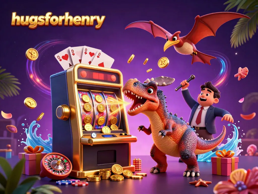 Experience exciting jackpot wins with hugsforhenry at our lively 3D casino scene featuring dinosaur characters.