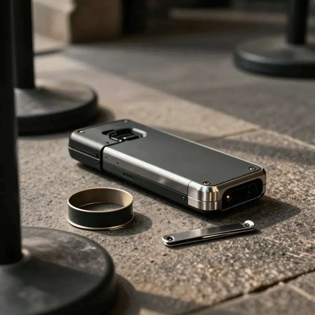 Venue entry tools on dark stone: scanner, wristband spool, stanchion cap, and entry clip.