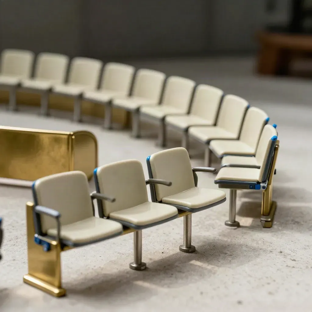 Miniature seat-row modules and brass divider on pale concrete in dramatic studio light.