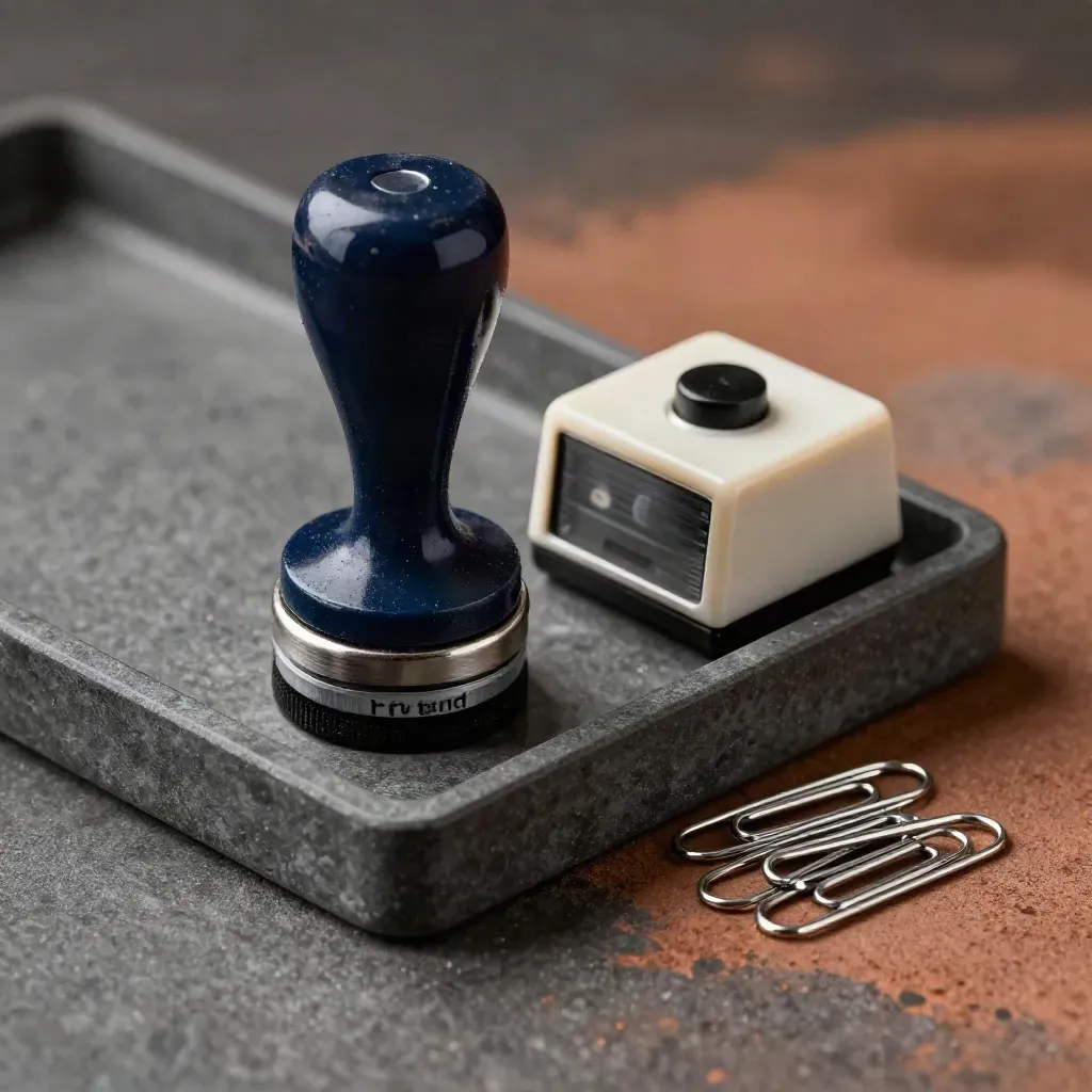 Macro still life of a refund stamp, tally counter, paperclips and tray on graphite stone.