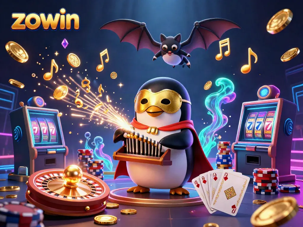Experience the thrill of zowin with a lively casino illustration showcasing exciting games and elements.