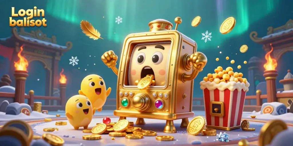 Celebrate winning at Login balislot with a 3D golden slot machine hitting a jackpot while coins spill.