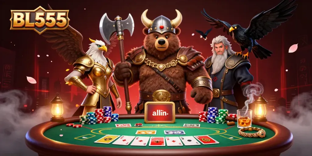 Engage with exciting poker gameplay featuring BL555's Viking bear and Valkyrie eagle in a vibrant casino scene.