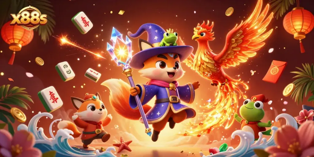 x88s wizard fox and phoenix cast spells amid casino games, lanterns, and riches.