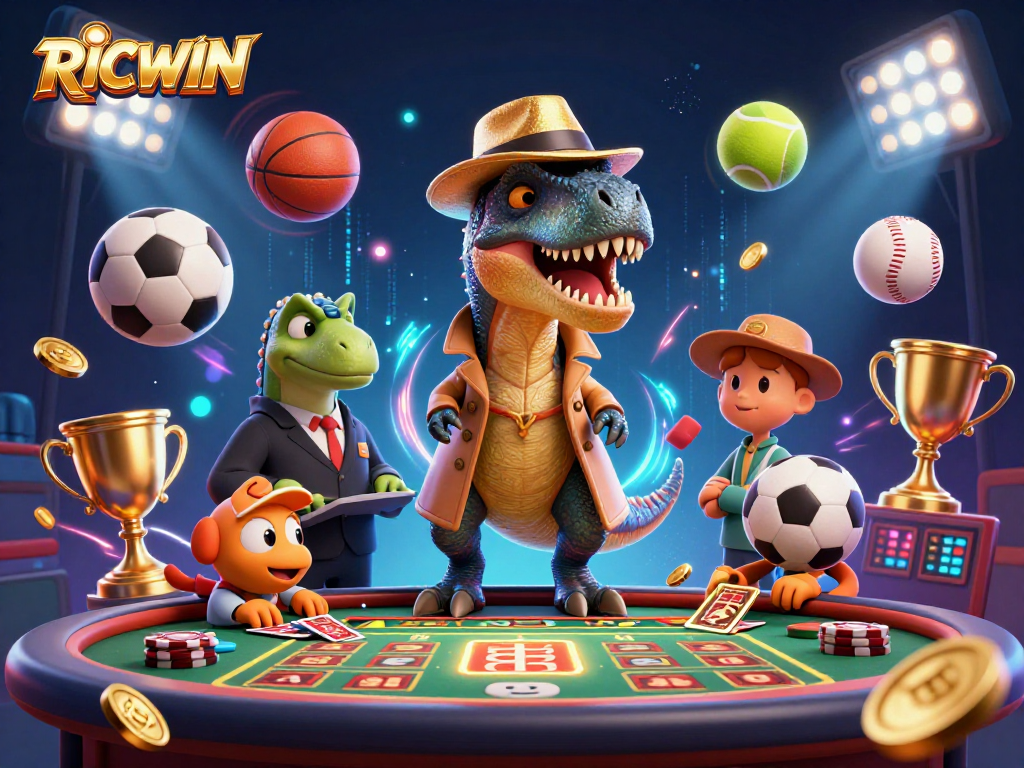 Experience sports betting excitement with RICWIN in a dynamic 3D casino scene featuring exotic characters.