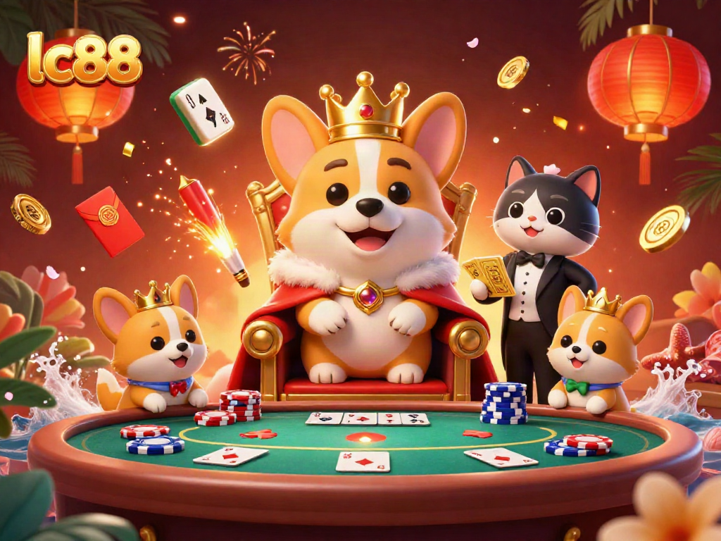 Engage in thrilling card games with lc88 as royal corgis reign on a poker throne.
