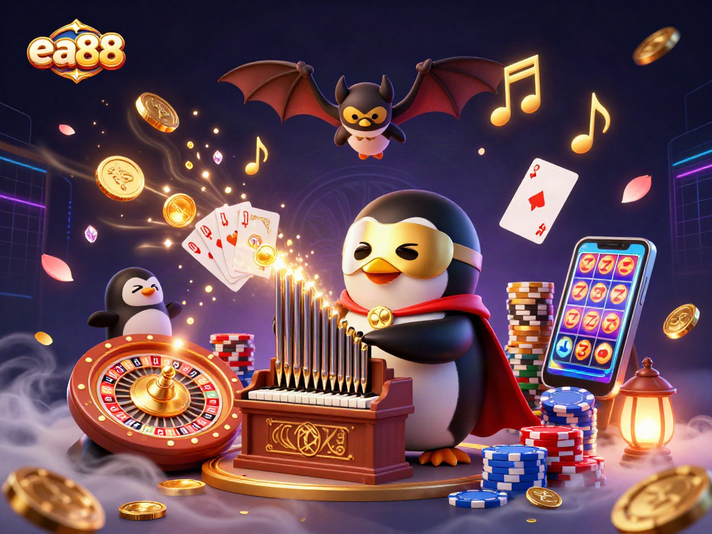 Experience exciting gameplay with the ea88 penguin in a lavish casino scene filled with golden coins.