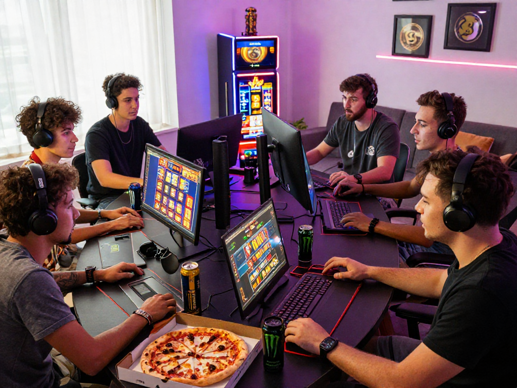 Friends enjoying an exciting session at a crypto casino, illuminated by bright screens and engaging games.