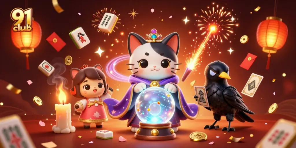 Engage with 91 club through a vibrant online gaming illustration showcasing luck and fortune.