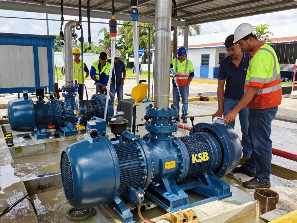 Bombas KSB Venezuela en estación de bombeo de agua con ingenieros inspeccionando el sistema de bombas.