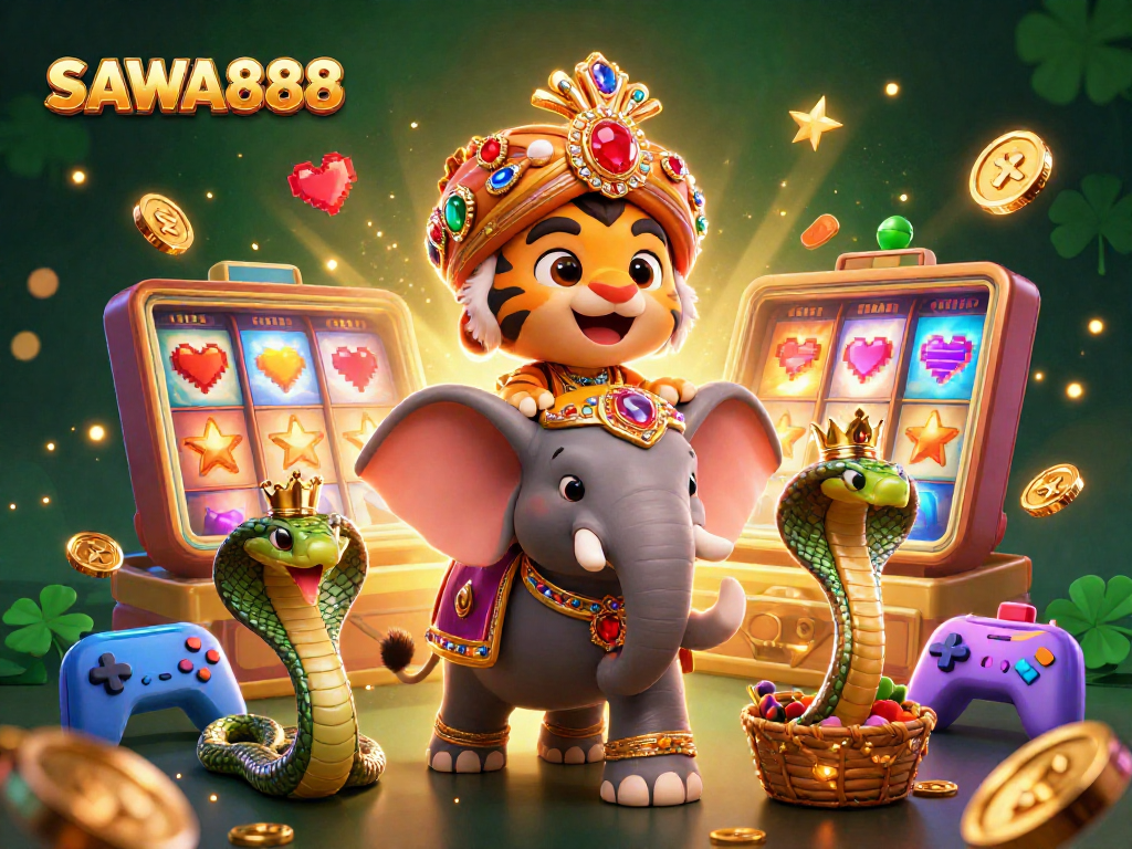 SAWA888's exciting gaming scene features a maharaja tiger and an elephant amidst colorful slot machines.