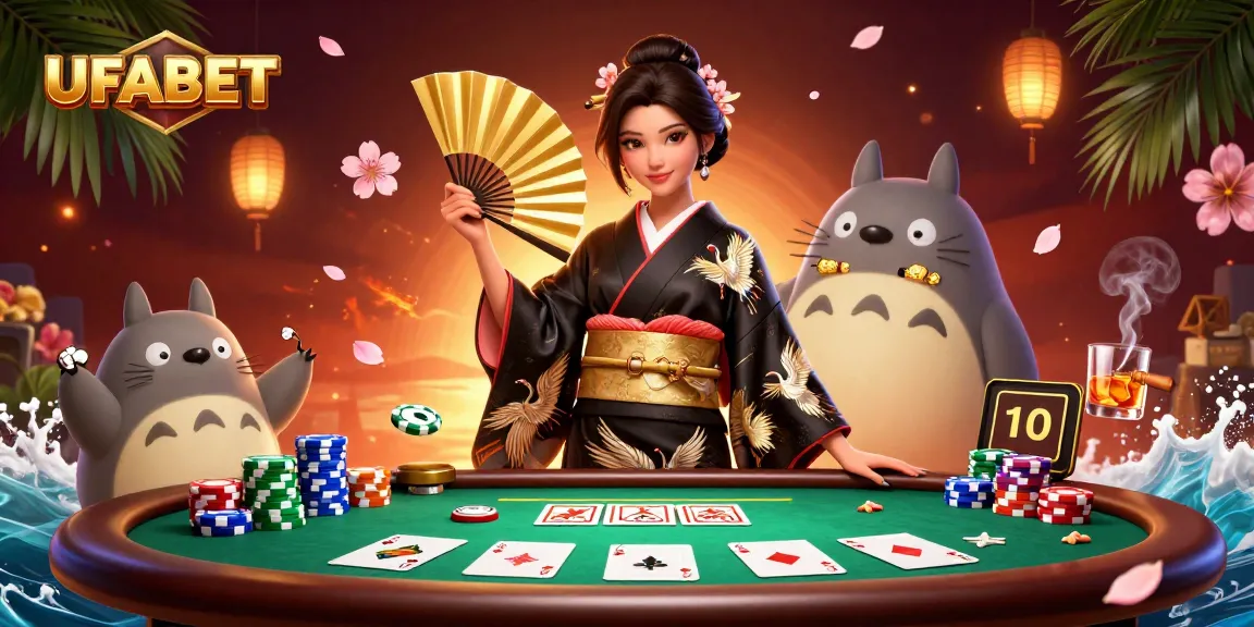 Play poker at UFABET with a vibrant scene featuring a kimono-clad woman and a cartoon tanuki.