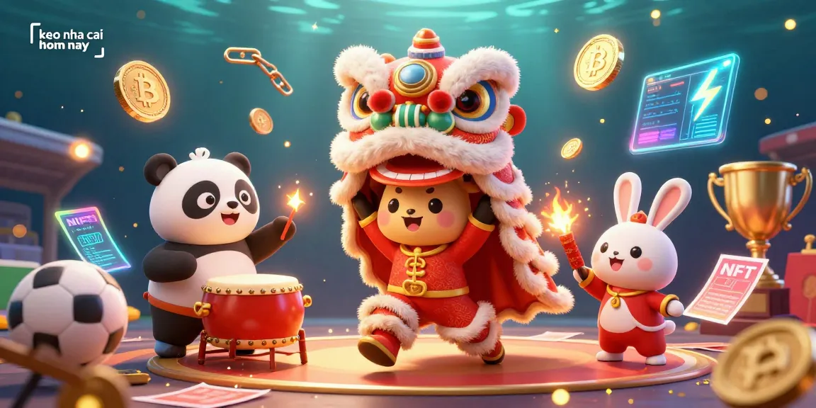 Bet on keo nha cai hom nay with a dynamic illustration of lion dance, drumming panda, and sports betting elements.