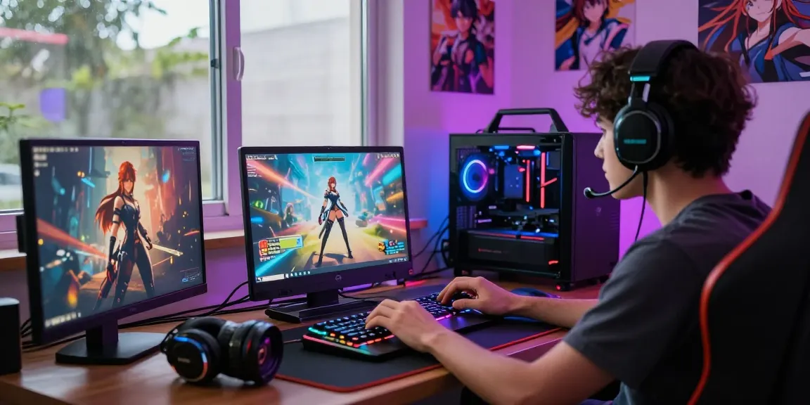 Engaged gamer playing a hentai game online with immersive accessories in a vibrant setting.