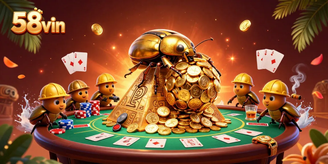 Engage with 58vin's dynamic casino action featuring a golden beetle and poker elements.