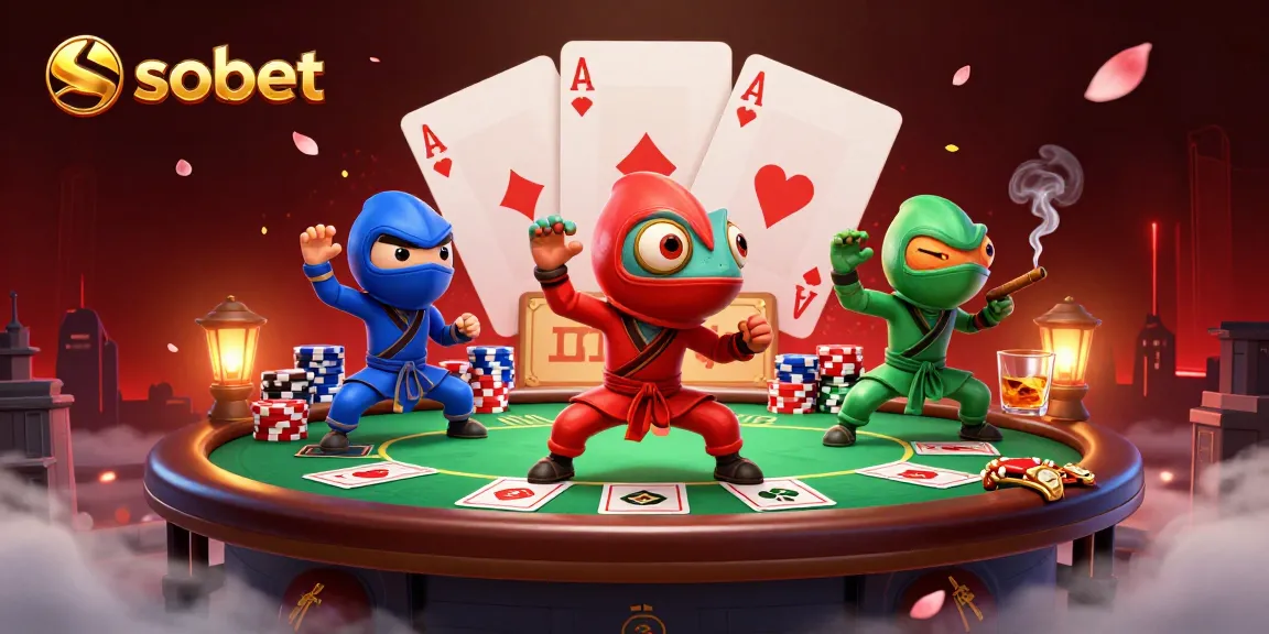 Synchronize with sbobet ninja chameleons in a dynamic poker scene with colorful chips and playing cards.
