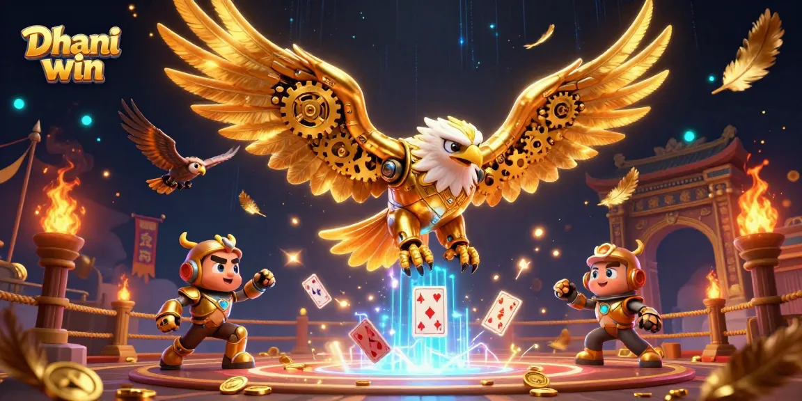 Dive into thrilling action with Dhani win as a cybernetic eagle navigates a cascading world of holographic playing cards.