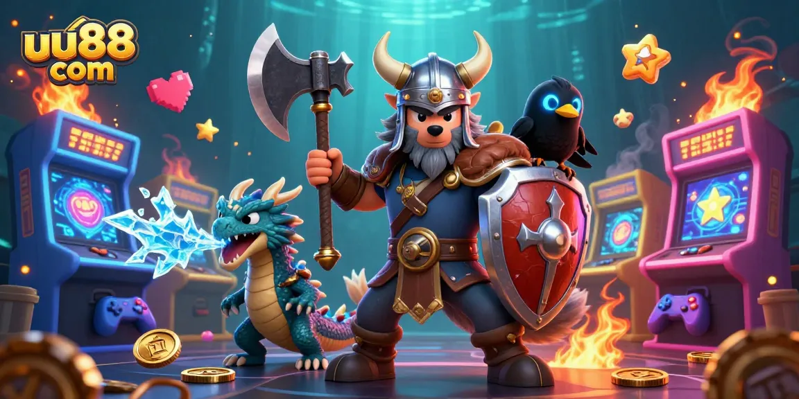 Spin jackpot reels with uu88 com in a dynamic casino adventure, featuring Viking warrior and dragon.
