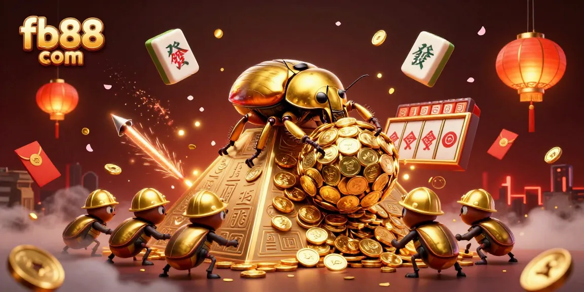 Enhance your gaming experience with dynamic visuals of fb88 com featuring massive gold beetles and casino symbols.