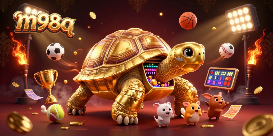 Engage with m98 q at this vibrant casino illustration featuring a colossal pinball tortoise and excited animals.