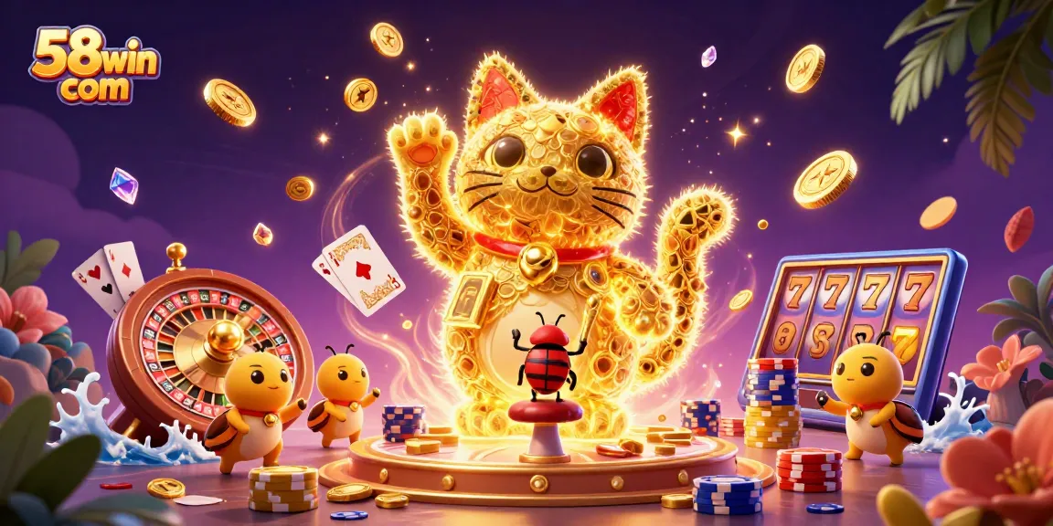 Experience winning luck with 58win com in this vibrant casino-themed illustration.
