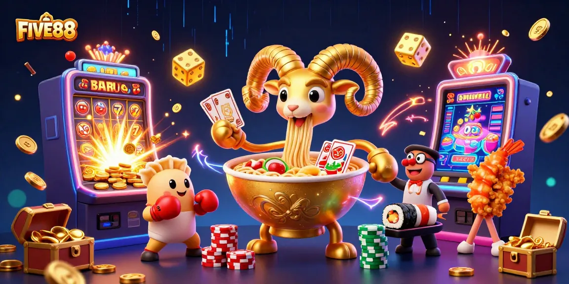 FIVE88 slots explosion featuring a giant ramen bowl dealer amidst a colorful casino scene.