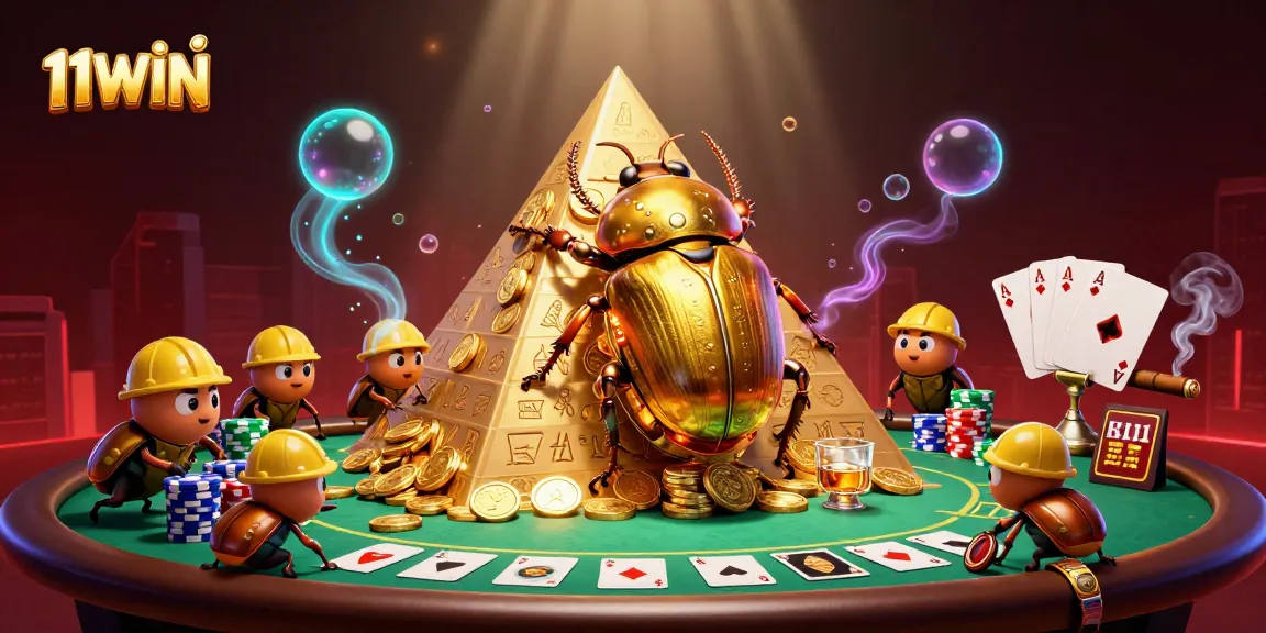 Experience dynamic action at 11WIN with golden beetles rolling coins and poker excitement.