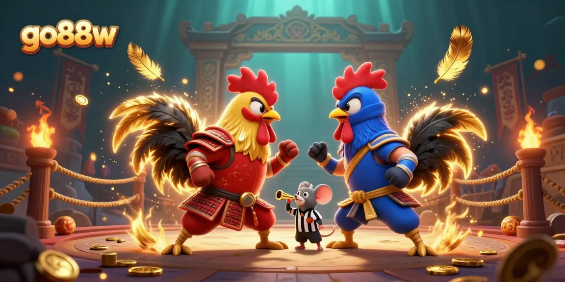 Engage in thrilling battles at go88w with dynamic cartoon fighting roosters at a colorful arena.