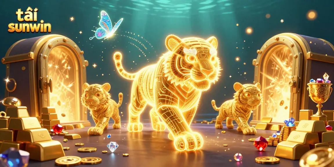 Engage with tải sunwin as the golden tiger navigates a vibrant digital casino landscape filled with treasures.