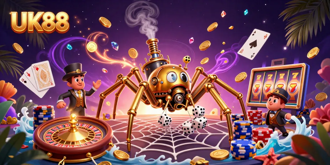 Engage with UK88's vibrant 3D casino scene featuring steampunk characters and gaming elements.