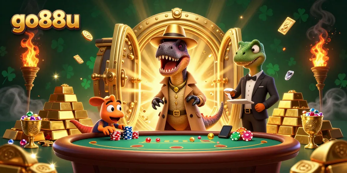 Go88u velociraptor card counter sneaks chips while surrounded by treasure at a casino.
