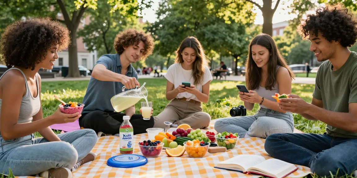 Group enjoying a healthy picnic with Koi Aminos products in a sunny urban park.