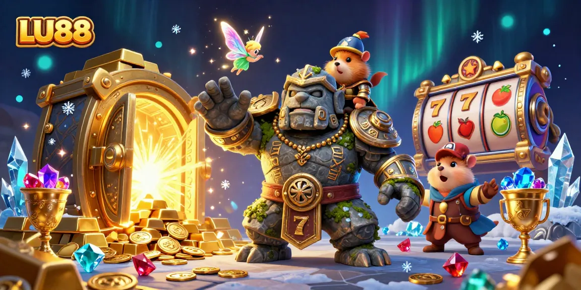 LU88 showcases a thrilling 3D scene with magical characters amidst casino riches and slot reels.