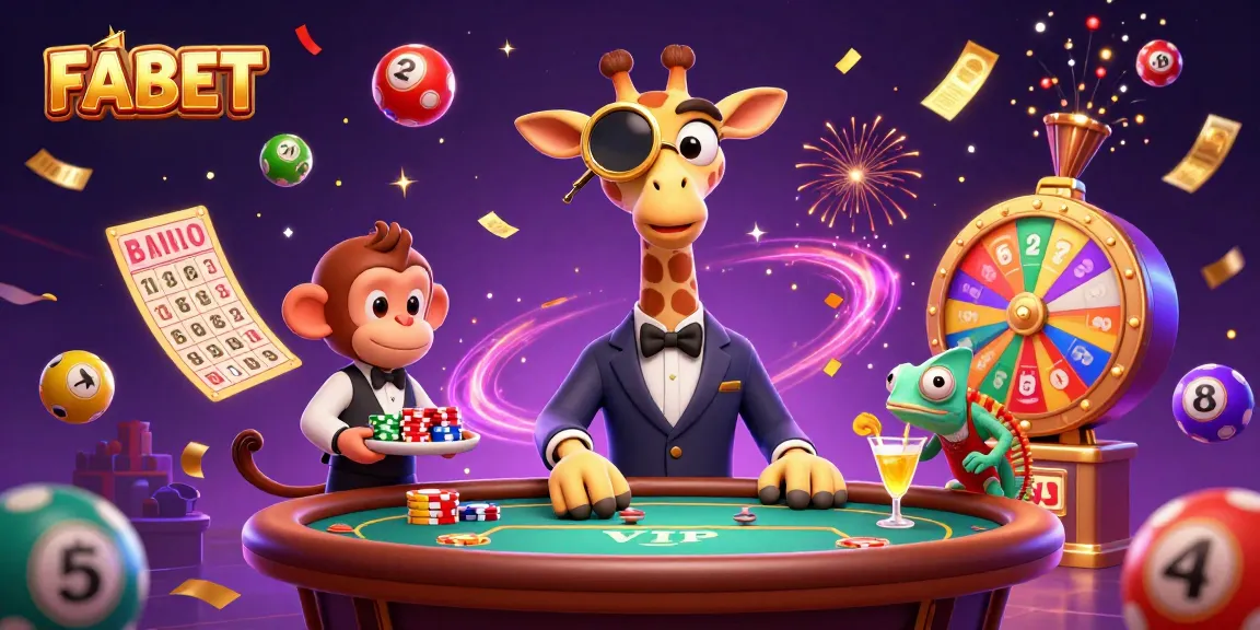 FABET showcases a vibrant casino scene with colorful gaming elements and characters celebrating wins.