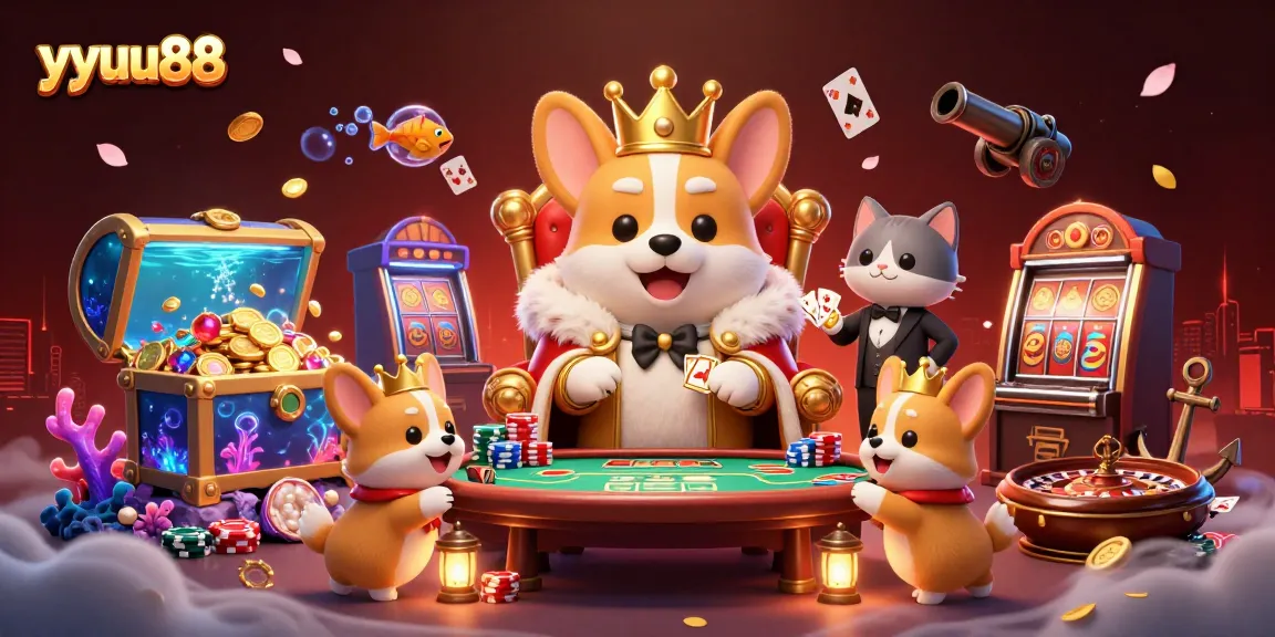 yyuu88 casino excitement illustrated with a royal corgi and game elements enticing players