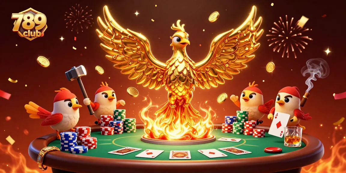 Experience the thrill of 789club as golden coins rain down from a phoenix, amidst poker excitement.