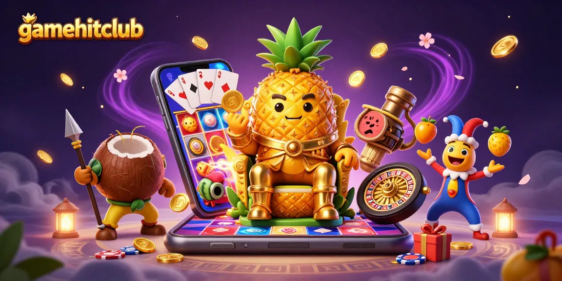 Experience the thrill of gamehitclub with vibrant characters and dynamic casino elements in a colorful 3D illustration.